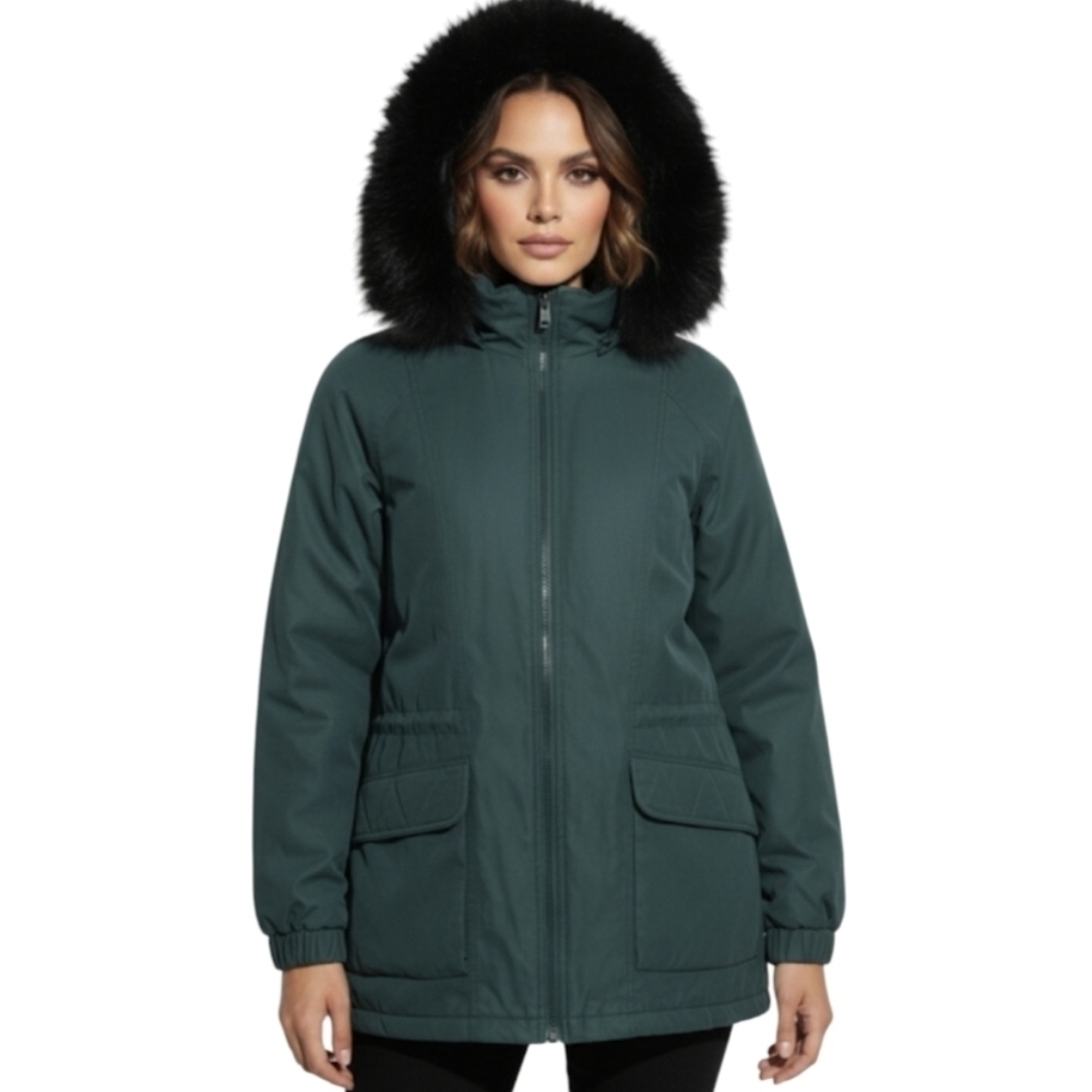 London Fog Fur Lined Hood Jacket Coat Medium Emerald Green Long Vintage